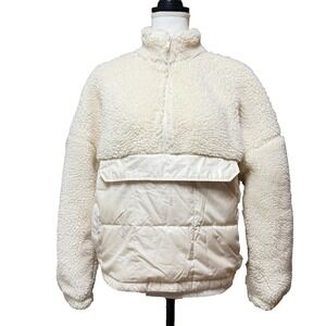 Fabletics Nelly Mixed Media Ivory Sherpa Long Sleeve Half Zip Puffer S